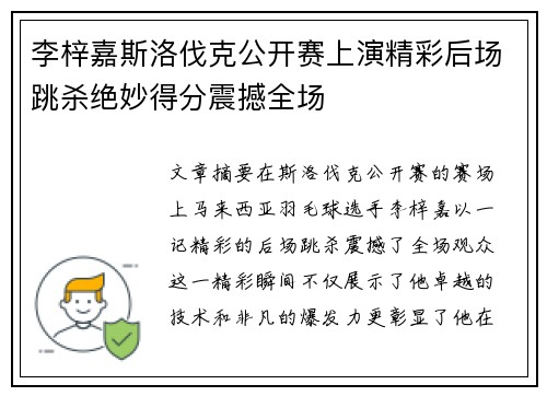 李梓嘉斯洛伐克公开赛上演精彩后场跳杀绝妙得分震撼全场